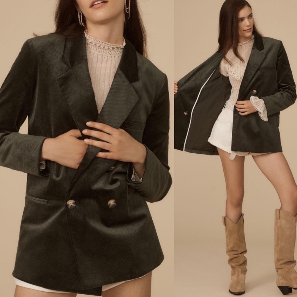 Anthropologie‎ Maeve Green Corduroy Double Breasted Blazer Jacket Womens Size 0